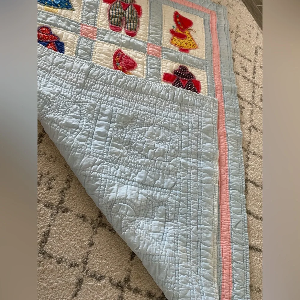 Handmade 49”/34” Crib Sunbonnet Quilt & Throw Pillow
